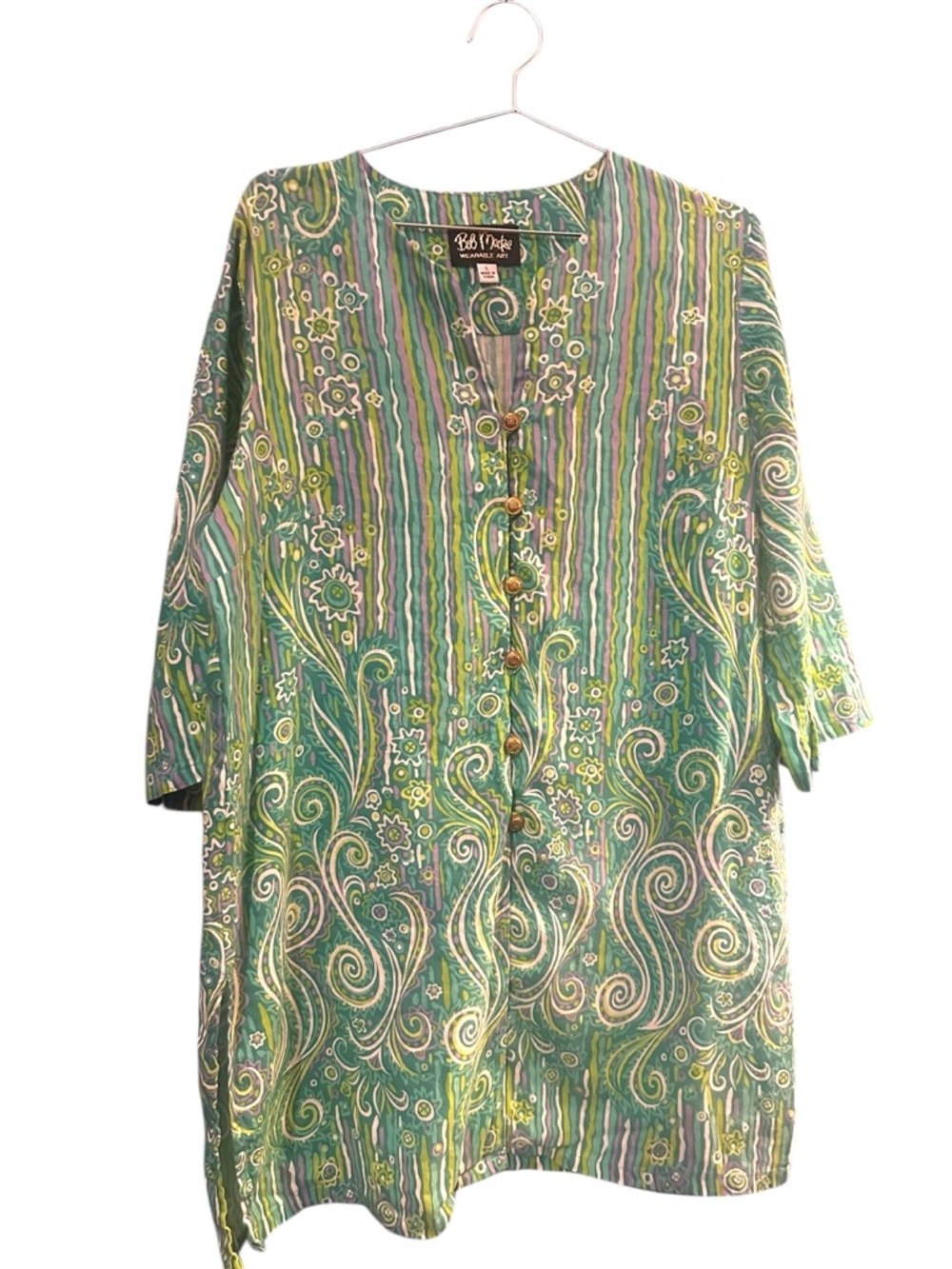 Bob Mackie Wearable Art Green Paisley Tunic Top Side Slits Linen Blend Size L